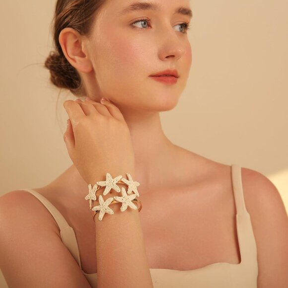Handmade Raffia Starfish Cuff Bracelet Women Beach Tropical Adjustable Wide - Picture 3 of 7